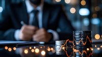 Stacked coins with glowing trading chart overlay against blurred businessman working background, representing financial market analysis and investment.