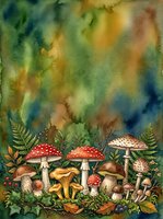 Watercolor forest floor scene with red and brown mushrooms, ferns, and autumn foliage against soft blended background. Suitable for nature illustrations, botanical designs, and woodland-themed projects.