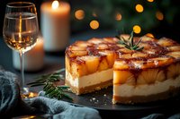 Caramelized pineapple cheesecake with rosemary garnish on dark plate, glass of white wine and glowing candle creating romantic atmosphere with bokeh lights.