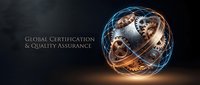 Global certification and quality assurance concept with illuminated wireframe earth globe showing interconnected network lines on dark background.