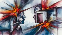 Abstract digital art featuring two human profiles facing each other with explosive colorful energy bursts and geometric frames for creative design projects.