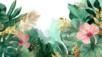 Tropical watercolor composition with monstera leaves, palm fronds, hibiscus flowers, and gold accents on mint green background.