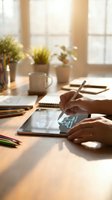 Person using digital tablet with stylus pen for creative design work at sunny home office desk with plants and art supplies for professional projects.