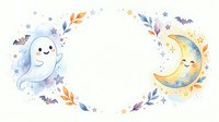 Cute ghost and crescent moon with stars and botanical elements frame isolated on white background, perfect for nursery decor, children's invitations, greeting cards, and t-shirt designs.