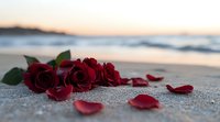 Red roses and scattered petals lying on sandy beach at sunset with soft ocean waves and mountains in background, romantic seaside atmosphere.