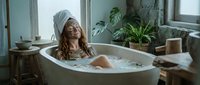 Young woman relaxing in luxury bathtub with towel on head in modern bathroom with plants. Spa wellness self-care routine at home concept.