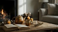 Cozy autumn evening scene with ceramic teapot, candles and open book on wooden table near fireplace in warm living room interior.