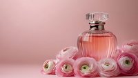 Elegant pink perfume bottle surrounded by delicate ranunculus flowers on soft pink background for luxury beauty and fragrance advertising campaigns.