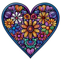 Colorful floral heart design with vibrant daisies, marigolds and decorative swirls on black background, folk art style pattern for Valentine cards and romantic decor.