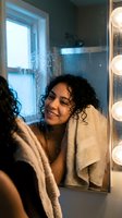 Young woman with curly dark hair and medium skin tone drying face with towel in front of illuminated bathroom mirror after shower or skincare routine.