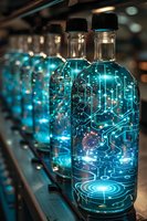 Glowing glass bottles with futuristic circuit pattern design illuminated in vibrant cyan blue light, perfect for technology concept, digital transformation, or modern beverage packaging design.