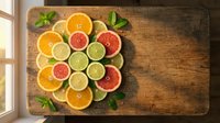 Fresh citrus fruit slices arranged in colorful pattern on rustic wooden cutting board with mint leaves for healthy cooking and food photography.