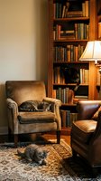 Cozy home library interior with cats relaxing on vintage leather armchair near wooden bookshelf and warm lamp light creating peaceful reading atmosphere.