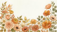 Watercolor floral border with warm orange, peach, and earthy tones, featuring roses and wildflowers on a white background for cards.