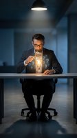 Professional businessman examining glowing lightbulb with magnifying glass surrounded by question marks in modern office representing innovation and problem solving.
