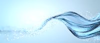 Dynamic flowing water wave with sparkling droplets and light effects against soft blue background creates fresh, clean atmosphere for wellness designs.