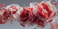 Red roses covered in ice crystals with water droplets and splashing effects on gray background for romantic winter concepts.