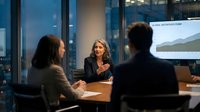 Professional blonde businesswoman presenting financial data to colleagues in modern corporate boardroom during evening meeting.