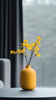 Yellow orchid stems in modern mustard ceramic vase on round table against blurred window background, minimalist home decor composition in soft daylight.