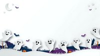 Spooky ghost characters with smiling faces arranged on grass with flying bats and crescent moon for Halloween party decorations, greeting cards, and seasonal designs.
