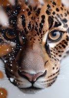 Close-up portrait of leopard face with intense amber eye, spotted fur pattern, and snow falling, creating dramatic wildlife atmosphere for nature photography.