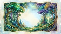 Enchanted forest frame with mystical trees and magical foliage creating ornate border for fairy tale designs and fantasy storytelling projects.