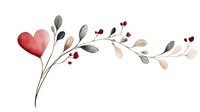 Romantic watercolor floral composition with red heart and delicate branches with berries and leaves on white background, isolated design element for valentines cards.