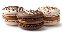 Assorted chocolate and vanilla macarons with ganache filling and cocoa powder sprinkles on white background, isolated French pastry desserts for bakery menu.