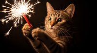 Tabby cat holding lit sparkler against black background, celebrating with fireworks for holiday, new year, and festive occasions.