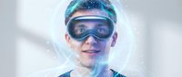 Young Caucasian man wearing futuristic VR goggles with glowing blue digital effects and light rays creating immersive virtual reality technology experience.