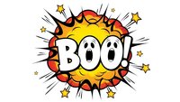 Comic book style BOO explosion burst with stars and radial lines on white background. Pop art exclamation for Halloween designs and graphic projects.