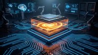 Futuristic AI processor chip with glowing neural networks and holographic data displays in high-tech laboratory environment for technology concepts.