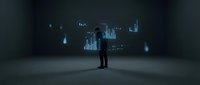 Businessman analyzing digital financial charts and data visualizations in dark environment for business analytics and investment strategy.