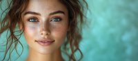 Young woman with natural freckles, blue eyes and messy brown hair smiling against turquoise background. Close up portrait showing fresh glowing skin and natural beauty.