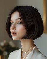 Young Asian woman with short dark bob hairstyle wearing white blazer and delicate necklace, looking away with natural makeup and soft lighting creating elegant portrait.