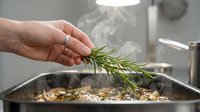 Unrecognizable person adding fresh rosemary herb to sizzling food in pan during cooking process in kitchen.