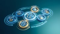 Glowing digital gears and cogs with data-driven analytics text on teal background, representing technology, automation, and interconnected systems for business solutions.