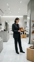 Woman in black business suit examining wooden shoe in modern retail footwear store with marble flooring, concrete walls, and minimalist design for fashion, retail, and commercial use.