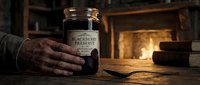 Artisan hand holding blackberry preserve jar on rustic wooden table with fireplace glow, vintage kitchen setting for food, cooking, and home decor projects.