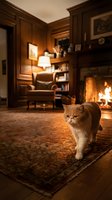 Adorable fluffy kitten walking on ornate rug in cozy library room with fireplace, wooden shelves, leather chair and warm ambient lighting creating homey atmosphere.