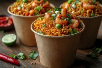 Spicy Asian noodles with shrimp and green peas served in eco-friendly kraft paper cups on rustic wooden table, garnished with fresh herbs and lime.