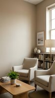 Minimalist beige living room corner with modern armchair, wooden coffee table, bookshelf and natural light from window creating cozy reading nook atmosphere.