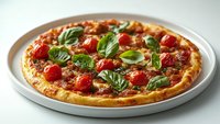Fresh homemade pizza with cherry tomatoes, melted mozzarella, and aromatic basil leaves on white ceramic plate against light background. Appetizing Italian cuisine.