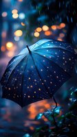 Blue umbrella in rain with glowing bokeh lights reflecting on wet surface creates magical evening atmosphere. Raindrops and city lights create dreamy mood.