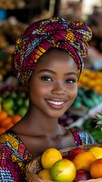 Young African woman in colorful traditional headwrap and dress smiling brightly while holding basket of fresh citrus fruits at local market, natural lighting.