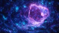 Cosmic nebula with vibrant blue and purple colors swirling in deep space, creating mystical celestial formation against starry background. Glowing energy waves form ethereal patterns.
