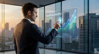 Professional businessman analyzing holographic business growth chart with upward trending arrow in modern office overlooking city skyline at sunset.