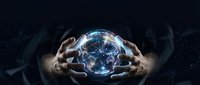 Hands protecting glowing digital brain with neural network connections representing artificial intelligence and machine learning technology concepts.