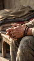 Elderly man's weathered hands with prayer beads resting on wooden surface in warm sunlight showcasing age, wisdom and spiritual contemplation.