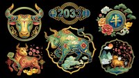 Chinese New Year ox zodiac set isolated on transparent background, ready for T-shirts, stickers, sublimation, and print on demand clipart designs.
